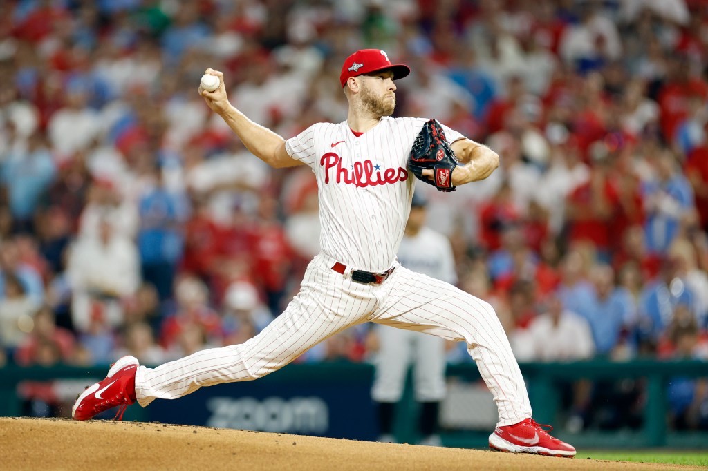 Philadelphia Phillies pitcher Zack Wheeler throwing during Wild Card Series game against Miami Marlins at Citizens Bank Park.