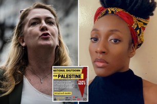 Maud Maron at left; Tajh Sutton at right; inset of Palestine walkout materials, center