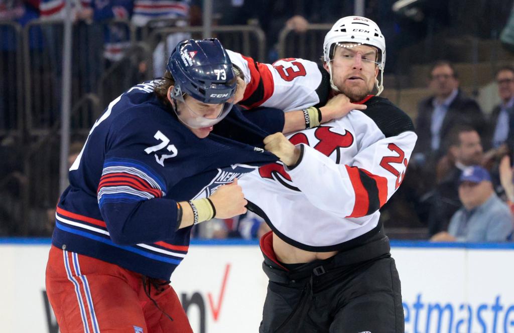 Matt Rempe was among those who got into the line brawl with the Devils.