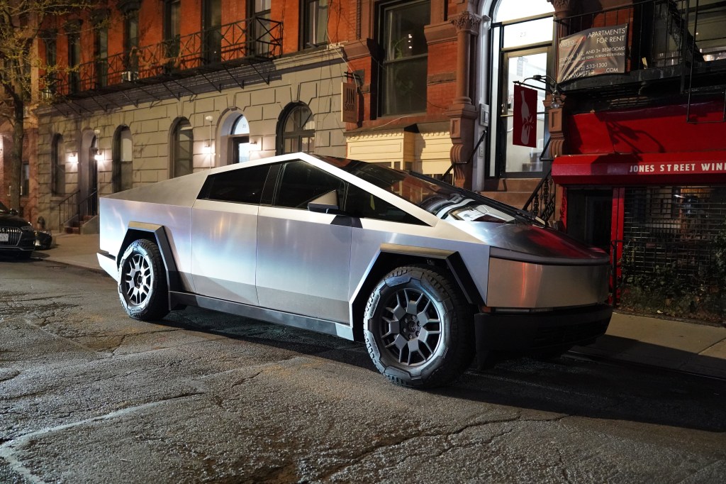 A Tesla Cybertruck parked on the side of a road in New York, NY on April 5, 2024.