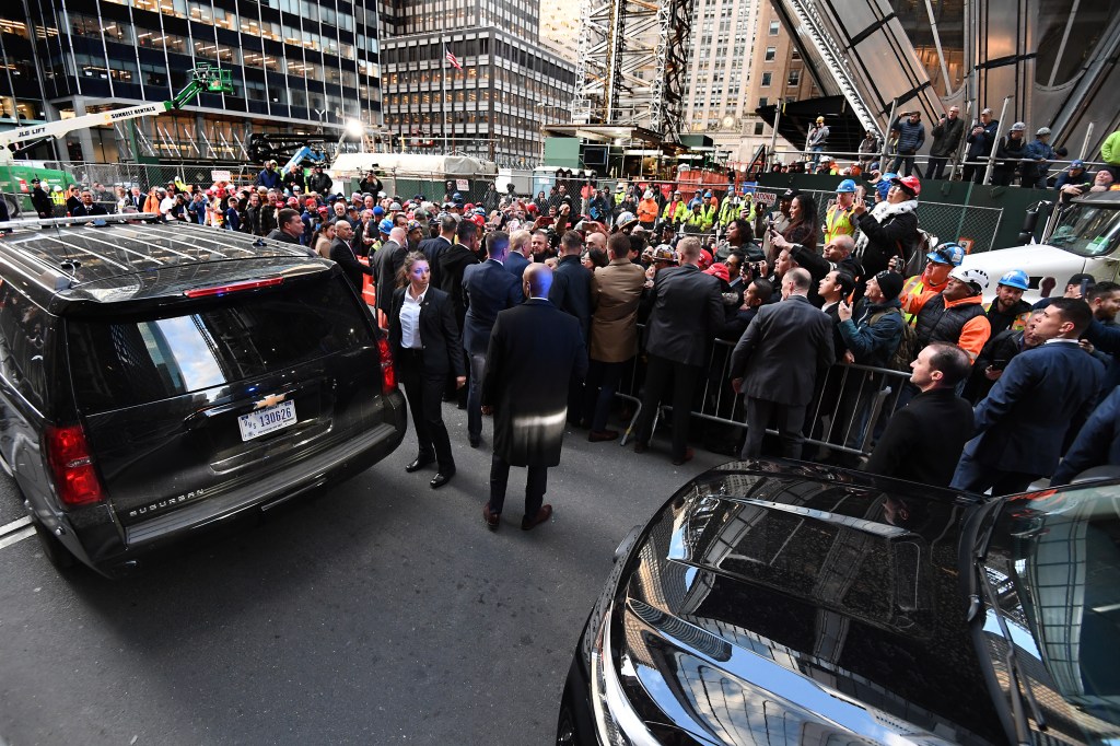 Trump meets with construction workers at the construction site of the new JPMorgan Chase headquarters in midtown Manhattan, Thursday, April 25, 2024.