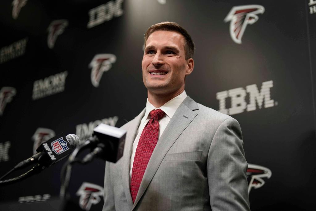 Atlanta Falcons quarterback Kirk Cousins at a news conference in Flowery Branch, Ga, speaking about his recent signing and potential Super Bowl aspirations.