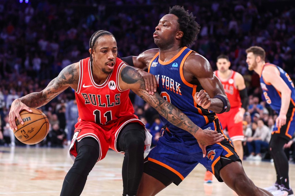 Bulls forward DeMar DeRozan (11) looks to drive past Knicks forward OG Anunoby (8) in the fourth quarter at Madison Square Garden on April 14.