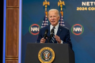 President Joe Biden delivers virtual remarks at the National Action Network Convention in the South Court Auditorium of the White House April 12, 2024.