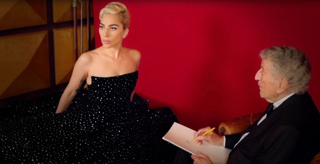 Tony Bennett sketches Lady Gaga, as she poses in a glittery black gown