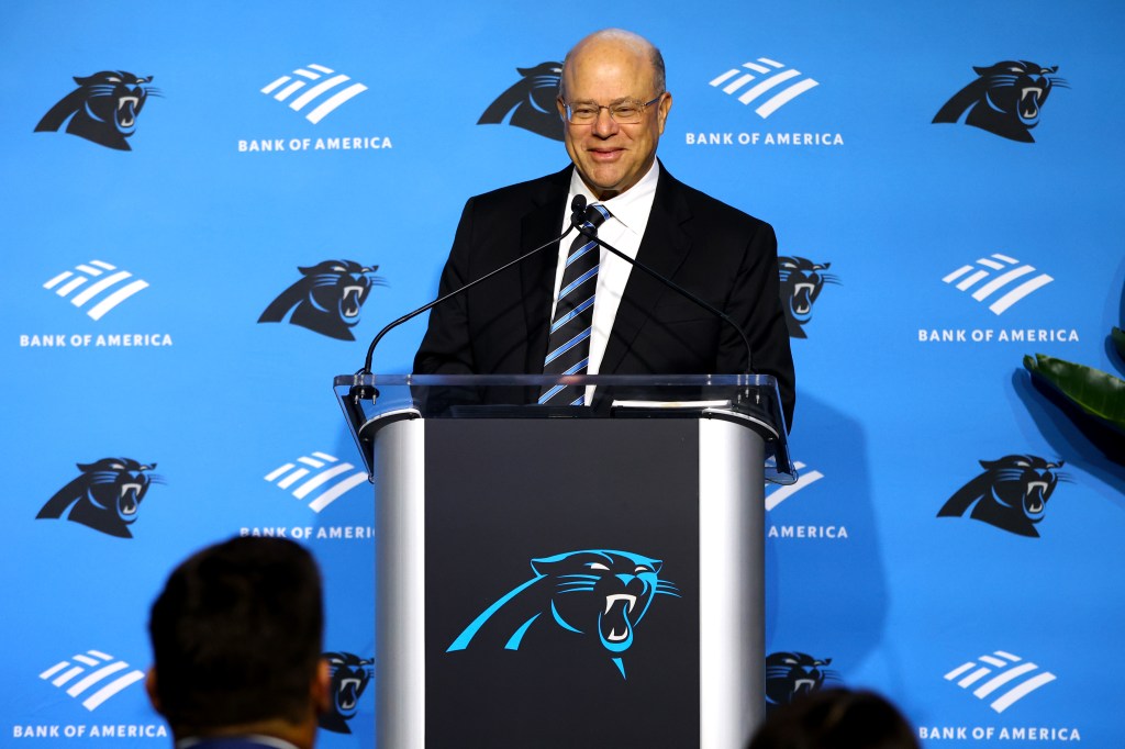 Carolina Panthers Owner David Tepper speaks with the media as the Carolina Panthers introduce Canales as their new Head Coach at Bank of America Stadium on February 01, 2024 in Charlotte, North Carolina. 