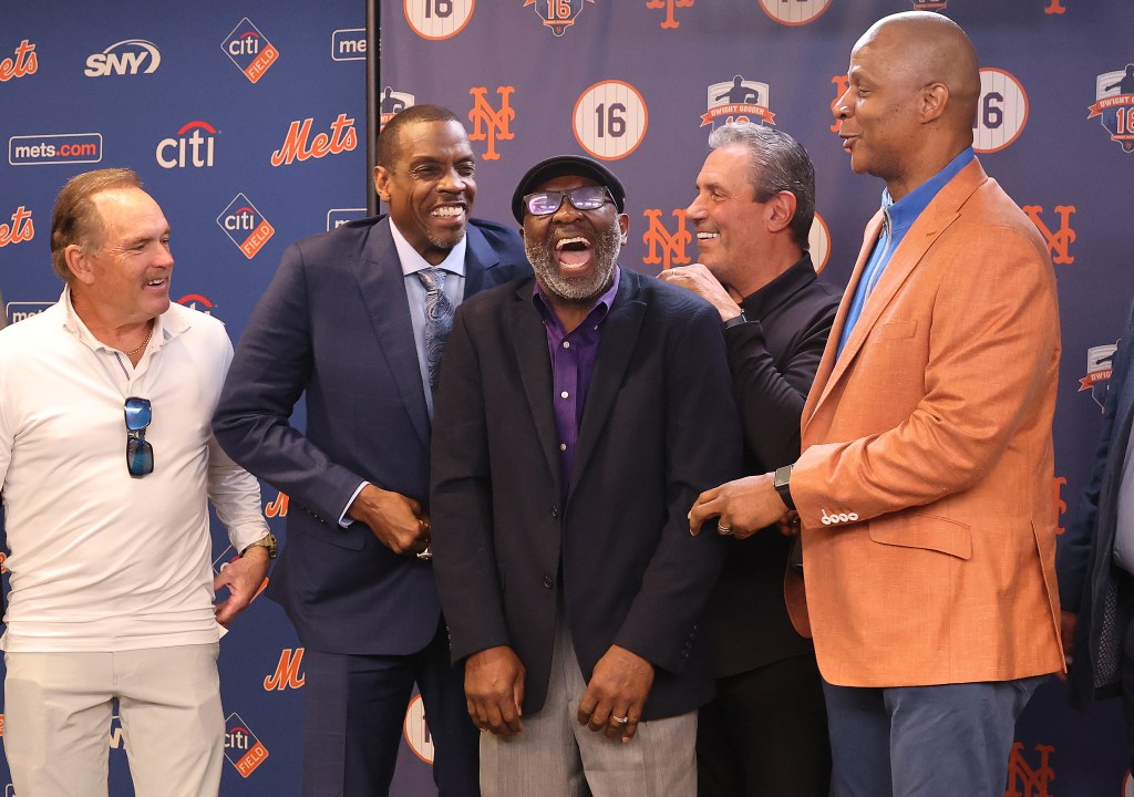 (l-r); 1986 Mets players Howard Johnson, Dwight Gooden, Mooklie Wilson, Lee Mazzilli and Darryl Strawberry, laughing during a press conference at Citi Field on Sunday.