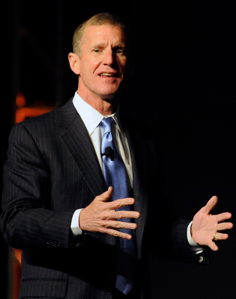 Retired U.S. Army Gen. Stanley McChrystal, the United States' former top commander in Afghanistan, speaks to about 400 steel industry executives attending the American Iron and Steel Institute annual convention Monday, May, 2, 2011 in Colorado Springs. He is praising the courage of all involved in the raid on Osama bin Laden's compound in Pakistan.