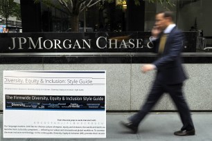 A man walking past the entrance to JP Morgan Chase World Headquarters on Park Avenue, New York in 2012