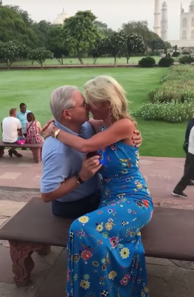 Bob Menendez proposing to Nadine Arslanian by serenading her in front of the Taj Mahal, both seated on a bench