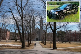 An almost empty Bowdoin College campus with a black car parked and a single person walking during spring break, 2020, amidst the coronavirus concerns.