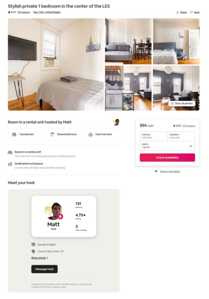 Ad showing room in the the Essex Street apartment for rent on Airbnb