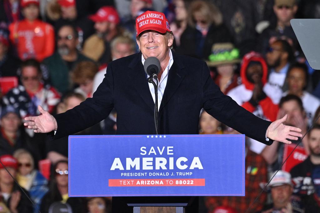 In this file photo taken on January 15, 2022 former US President Donald Trump speaks during a rally at the Canyon Moon Ranch festival grounds in Florence, Arizona, southeast of Phoenix.