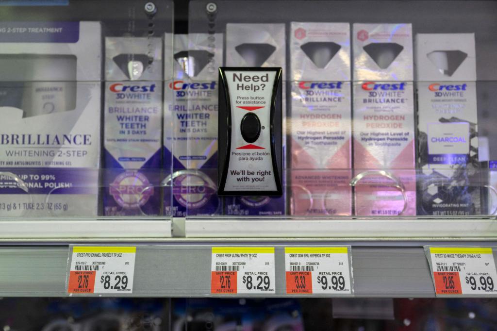 Store locks up toothpaste due to retail theft.