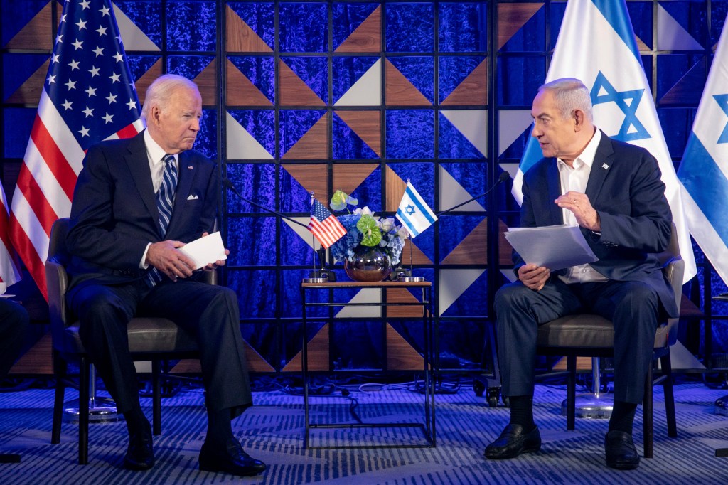 U.S. President Joe Biden, left, meets with Israeli Prime Minister Benjamin Netanyahu