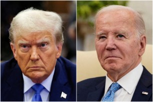 Combination picture showing former U.S. President Donald Trump attending the Trump Organization civil fraud trial, and President Joe Biden participating in a meeting with Italy's Prime Minister Giorgia Meloni.