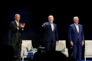 President Joe Biden, former U.S. Presidents Barack Obama and Bill Clinton participate in a discussion moderated by Stephen Colbert, host of CBS's "The Late Show with Stephen Colbert."