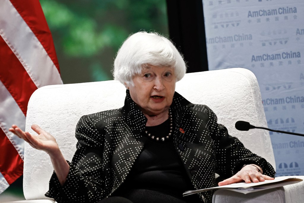 Treasury Secretary Janet Yellen speaks during an event by the American Chamber of Commerce in China (AmCham China) in Guangzhou, Guangdong province, China April 5, 2024. 