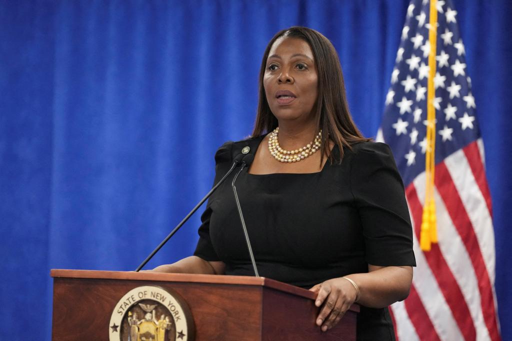 New York Attorney General Letitia James speaks during a press conference following a ruling against Donald Trump.