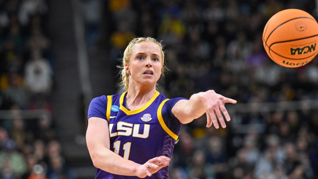 LSU guard Hailey Van Lith passes the ball during the first half of a Elite Eight college basketball game against Iowa in the NCAA Tournament, April 1, 2024, in Albany, N.Y.