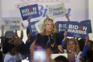 First lady Jill Biden speaks to supporters at Studio House Atlanta, Friday, March 1, 2024.