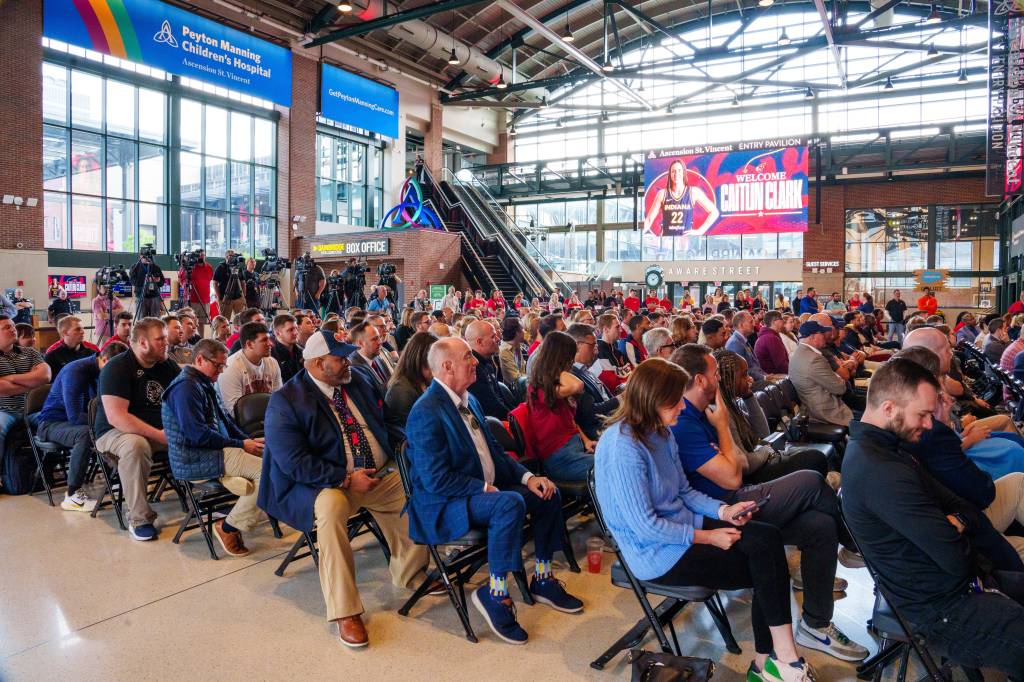 The crowd inside Gainbridge Fieldhouse for Caitlin Clark's press conference.