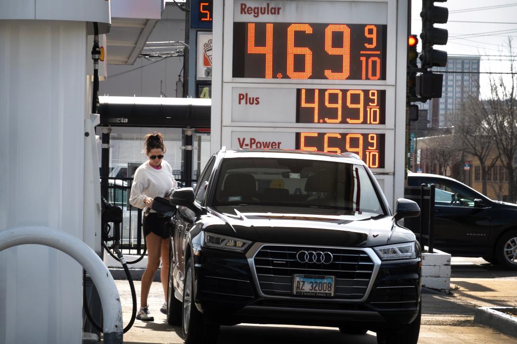 Gas prices are displayed at a gas station on March 12, 2024 in Chicago, Illinois. Gas prices climbed 3.8% percent in February after falling 3.3% the previous month.