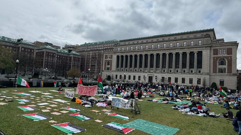 A Gaza solidarity encampment has taken place at Columbia University on Friday, April 19, 2024. This comes after a large protest the day before. New York, NY. Photos Robert Miller for NY Post