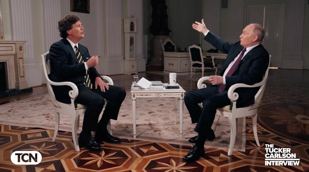 Russian President Vladimir Putin speaks during an interview with U.S. television host Tucker Carlson in Moscow, Russia, February 6, 2024