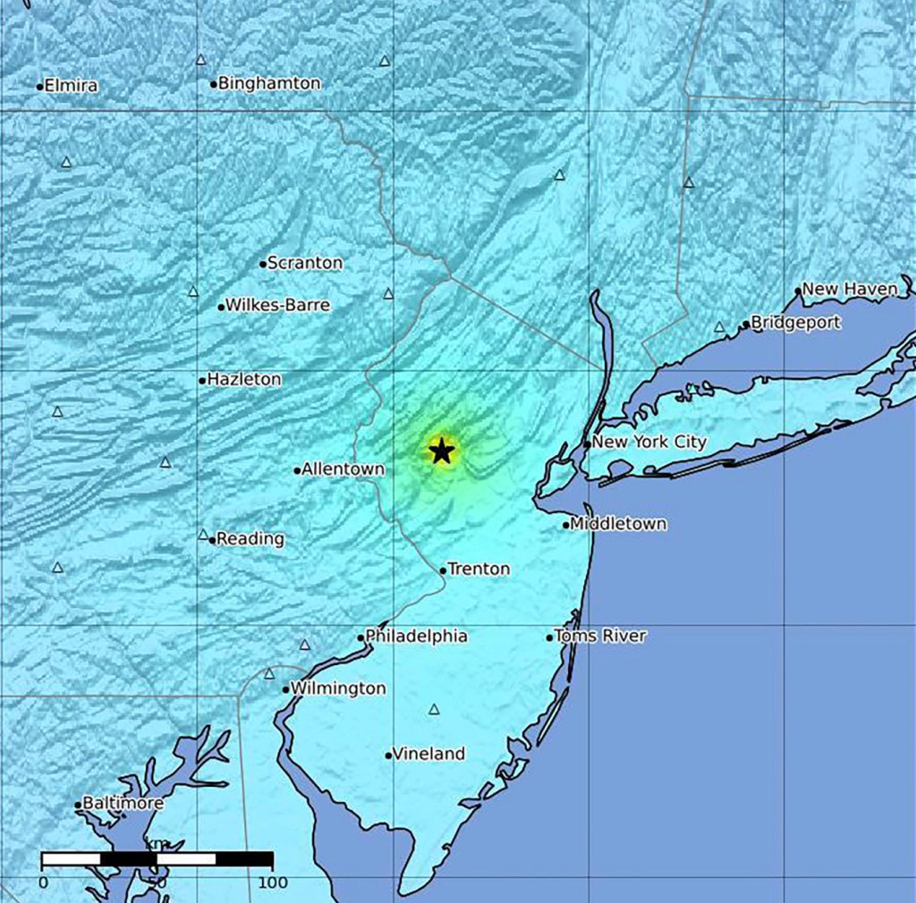 A map shows the exact epicentre of the earthquake, with a star pinpointing 'Lebanon, New Jersey'