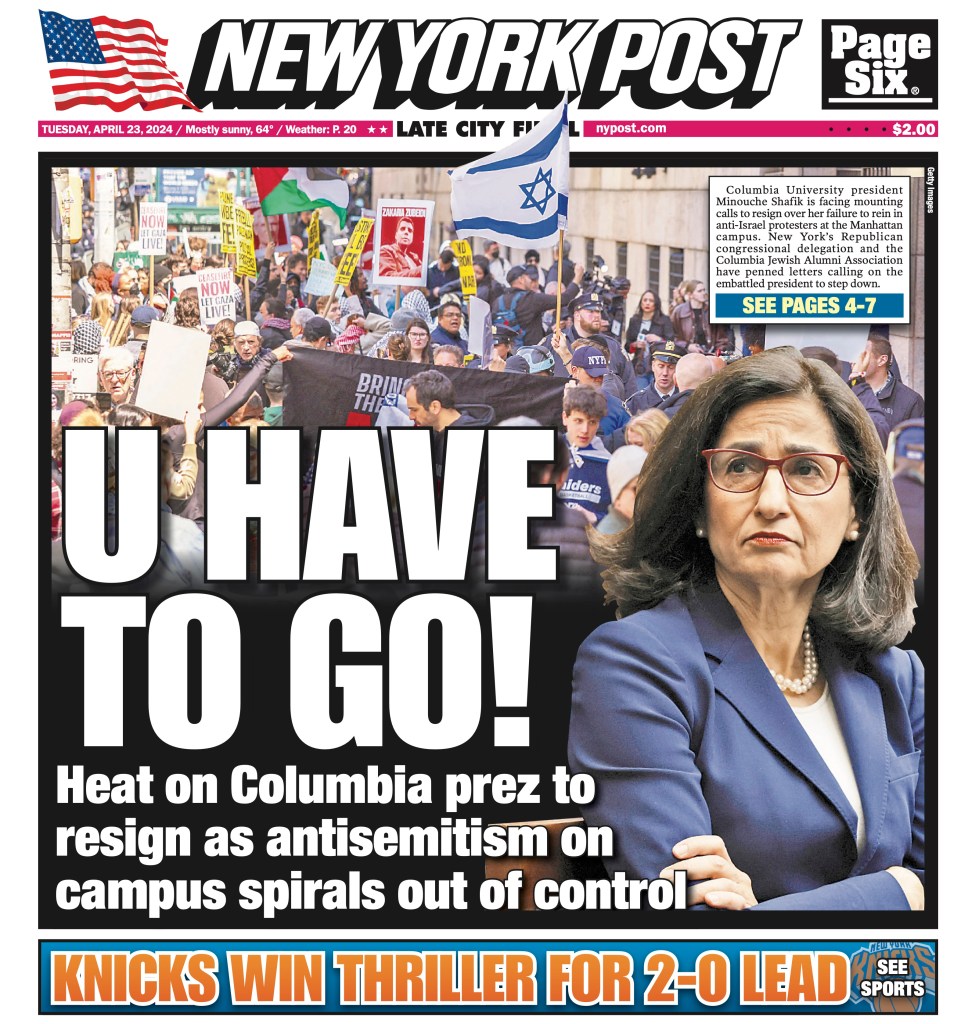 New York Post cover for Tuesday, April 23, 2024.