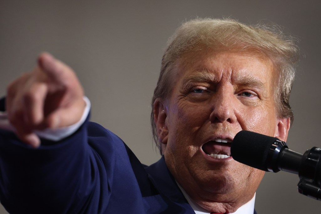 Former President Donald Trump speaks to guests at a rally on April 02, 2024 in Green Bay, Wisconsin.