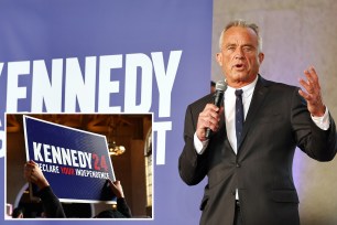 Robert F. Kennedy Jr. giving a speech at a Cesar Chavez Day event in Los Angeles, part of his 2024 presidential campaign outreach to Latino voters