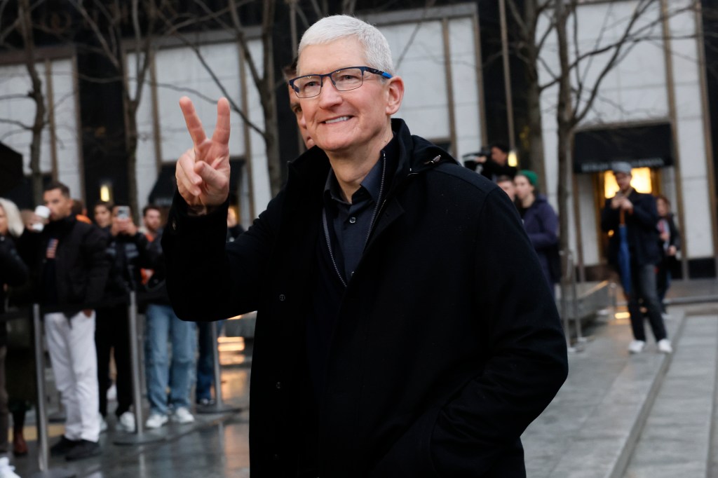 Apple CEO Tim Cook arriving at the Fifth Avenue Apple store in New York City as crowds line up to purchase the Apple Vision Pro headset on February 02, 2024