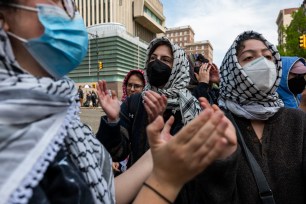 Pro-Palestinian demonstrators continue to protest outside of an encampment at Columbia University on April 30, 2024 in New York City.