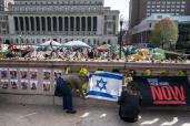 People set up a makeshift memorial for the Jewish hostages taken by Hamas on October 7, 2023 at Columbia University as students maintain an ongoing pro-Palestinian encampment on their campus on April 23, 2024 in New York City.