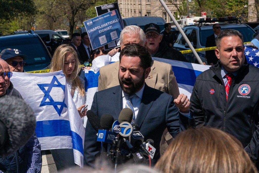 Rep. Mike Lawler (R-NY) speaks during a press conference outside of Columbia University on April 22, 2024 in New York City.