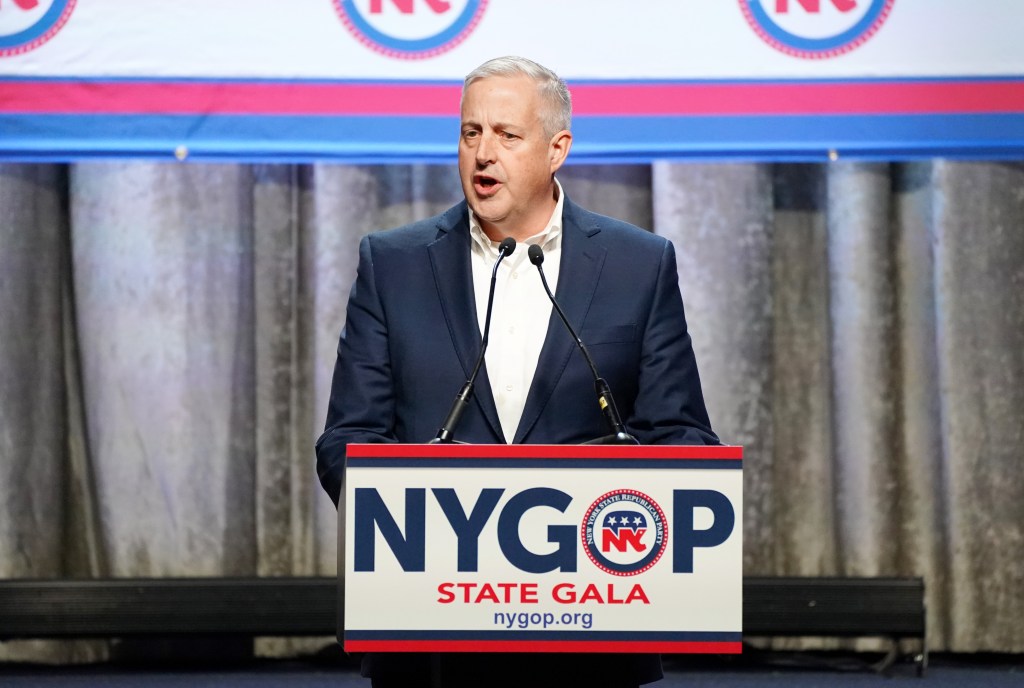 Republican National Committee Chairman Mike Whatley speaking during the 2024 New York GOP Gala, which was held at the New York Hilton Hotel in New York, NY on April 4, 2024.