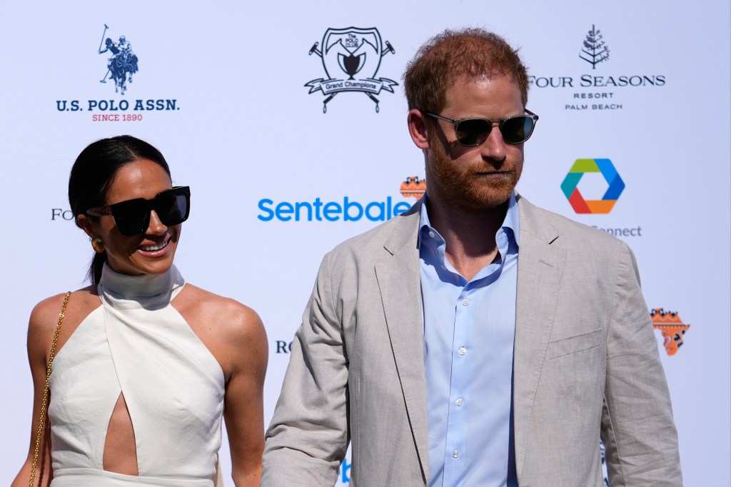 Meghan Markle and Prince Harry the 2024 Royal Salute Polo Challenge to Benefit Sentebale in April 2024.