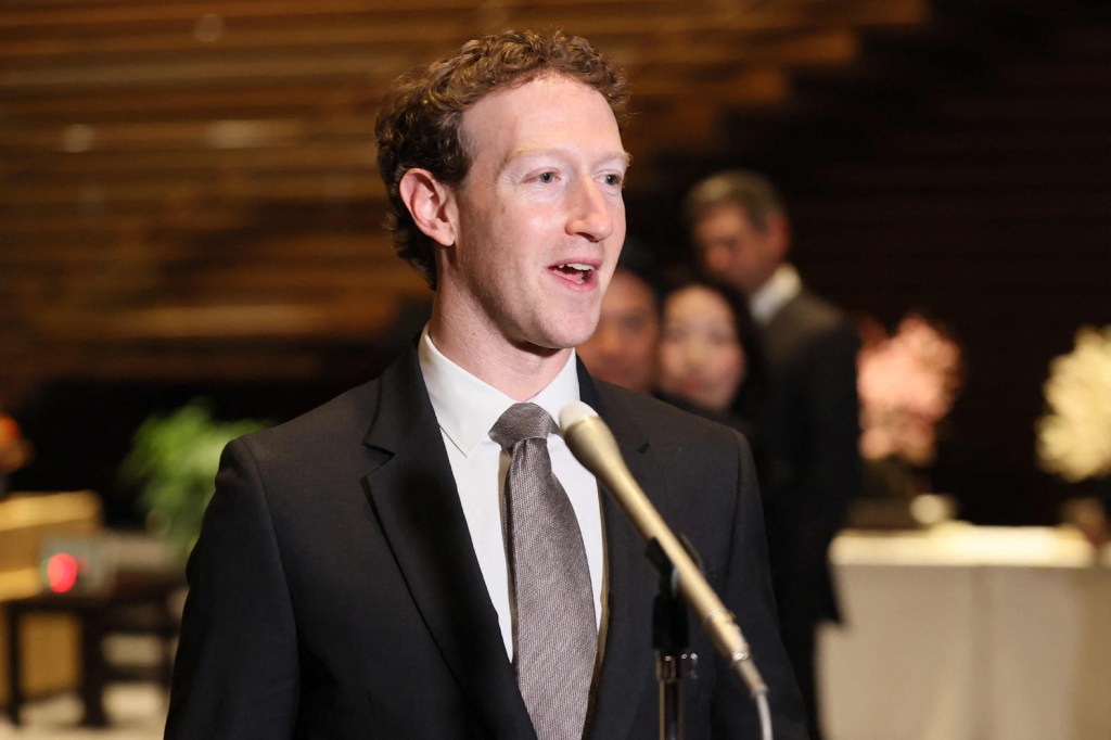 Mark Zuckerberg, head of Meta, speaking to reporters at the Japanese prime minister's office during a visit to Tokyo in 2024