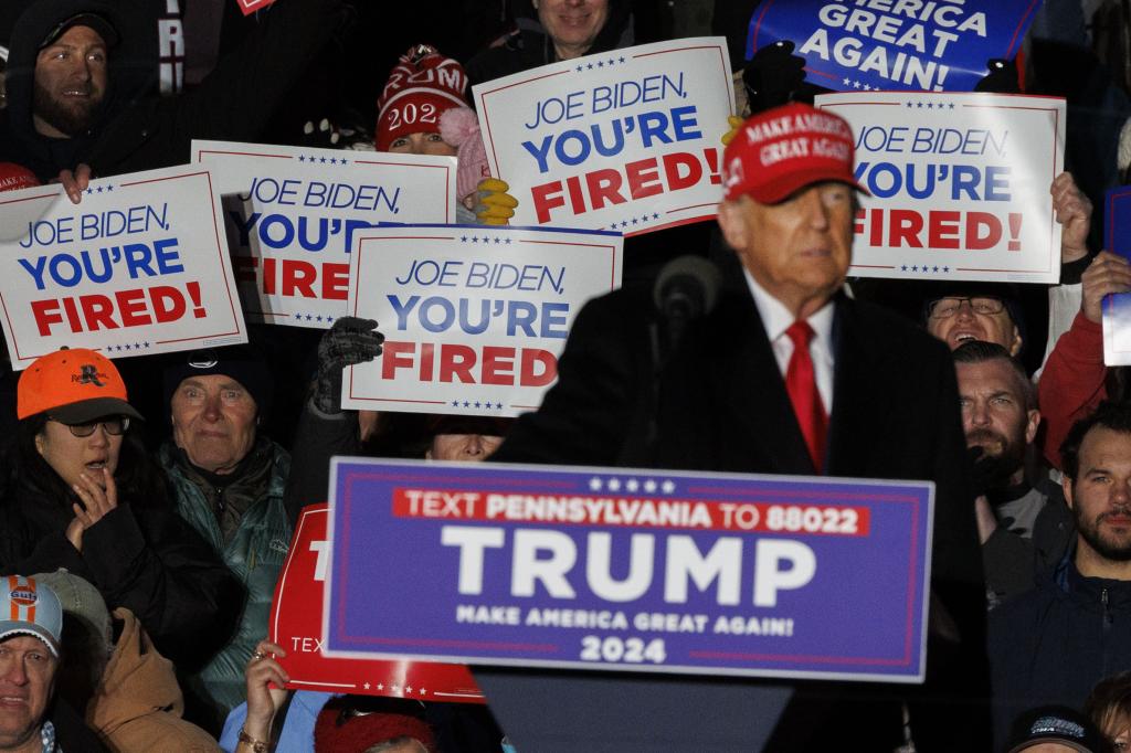 President Donald Trump speaks during a rally in Schnecksville, Pennsylvania, USA, 13 April 2024. 