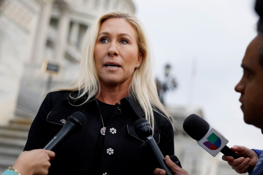 Rep. Marjorie Taylor Greene (R-GA) speaks to reporters outside of the U.S. Capitol Building during a vote on legislation pertaining to TikTok on March 13, 2024 in Washington, DC.