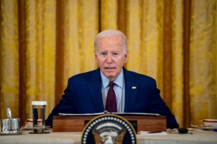 U.S. President Joe Biden speaking at a trilateral meeting with Japanese Prime Minister Fumio Kishida and Filipino President Ferdinand Marcos in the East Room of the White House, 2024