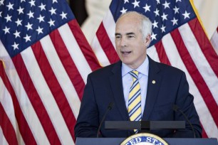 Sen. Bob Casey (D-PA) speaks during a Congressional Gold Medal Ceremony for the "Rosie the Riveter" women at the U.S. Capitol on April 10, 2024 in Washington, DC.