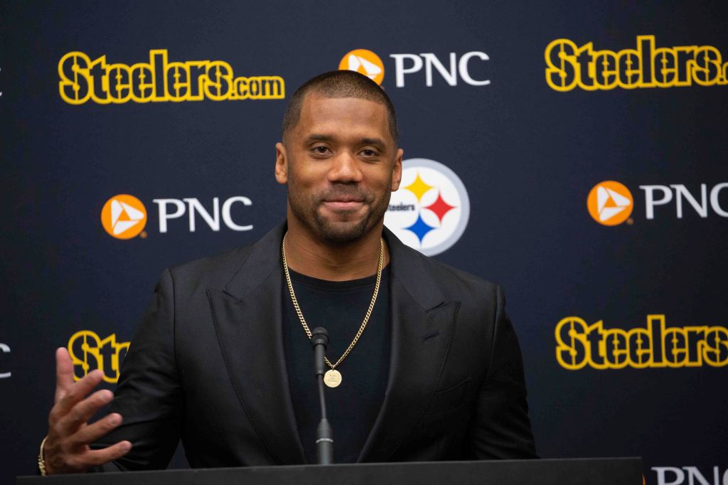 Russell Wilson during his introductory press conference with the Steelers in March 2024.