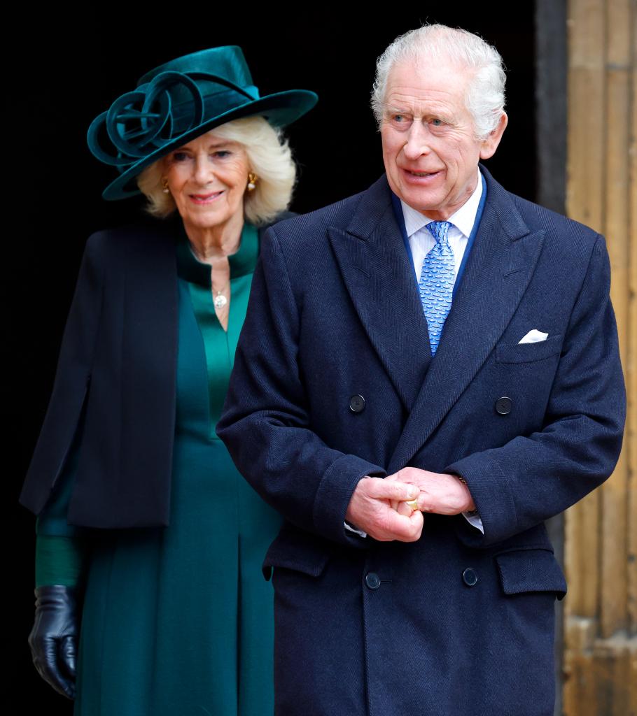 Queen Camilla and King Charles III attend Easter Sunday mass at Windsor Castle on March 31, 2024.