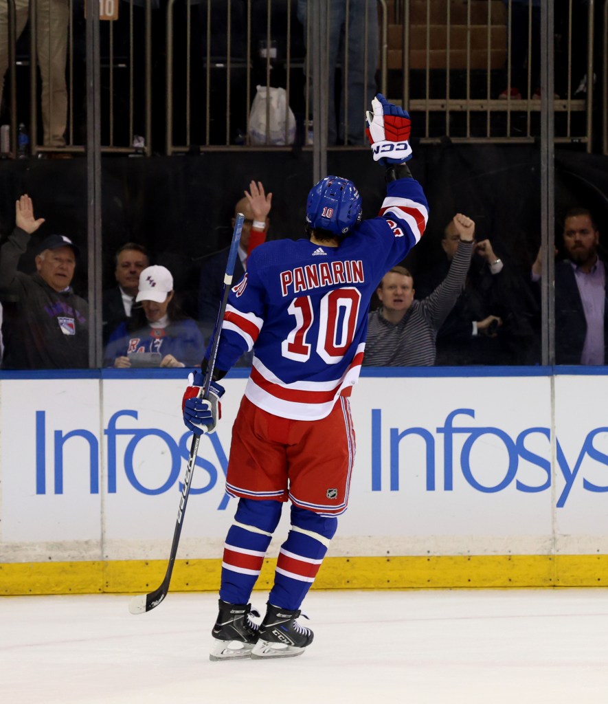 New York Rangers left wing Artemi Panarin (10) reacts after scoring the first goal of the shootout 