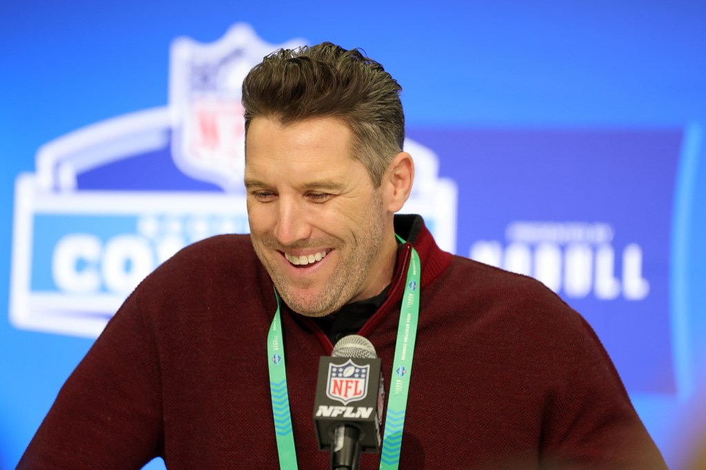 Adam Peters of the Washington Commanders speaks to the media during the NFL Combine at the Indiana Convention Center on February 27, 2024 in Indianapolis, Indiana.
