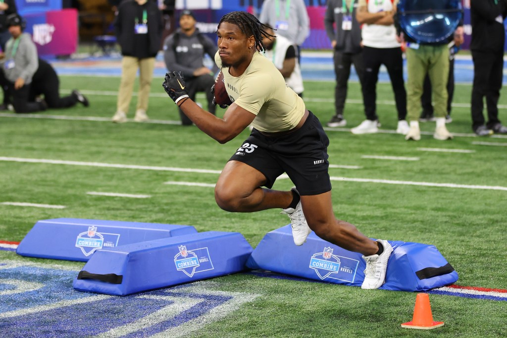 Tyrone Tracy Jr #RB25 of Purdue participates in a dri during the NFL Combine at Lucas Oil Stadium on March 02, 2024 in Indianapolis, Indiana. 