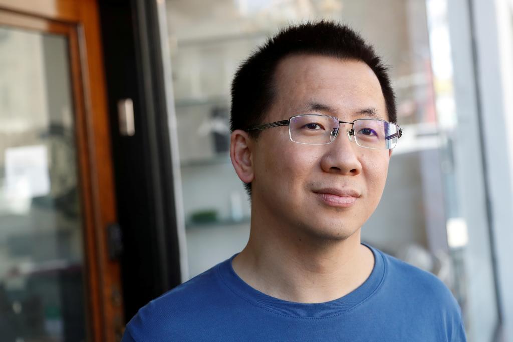 Zhang Yiming, founder and global CEO of ByteDance, posing in Palo Alto, California, wearing glasses and a blue shirt on March 4, 2020.